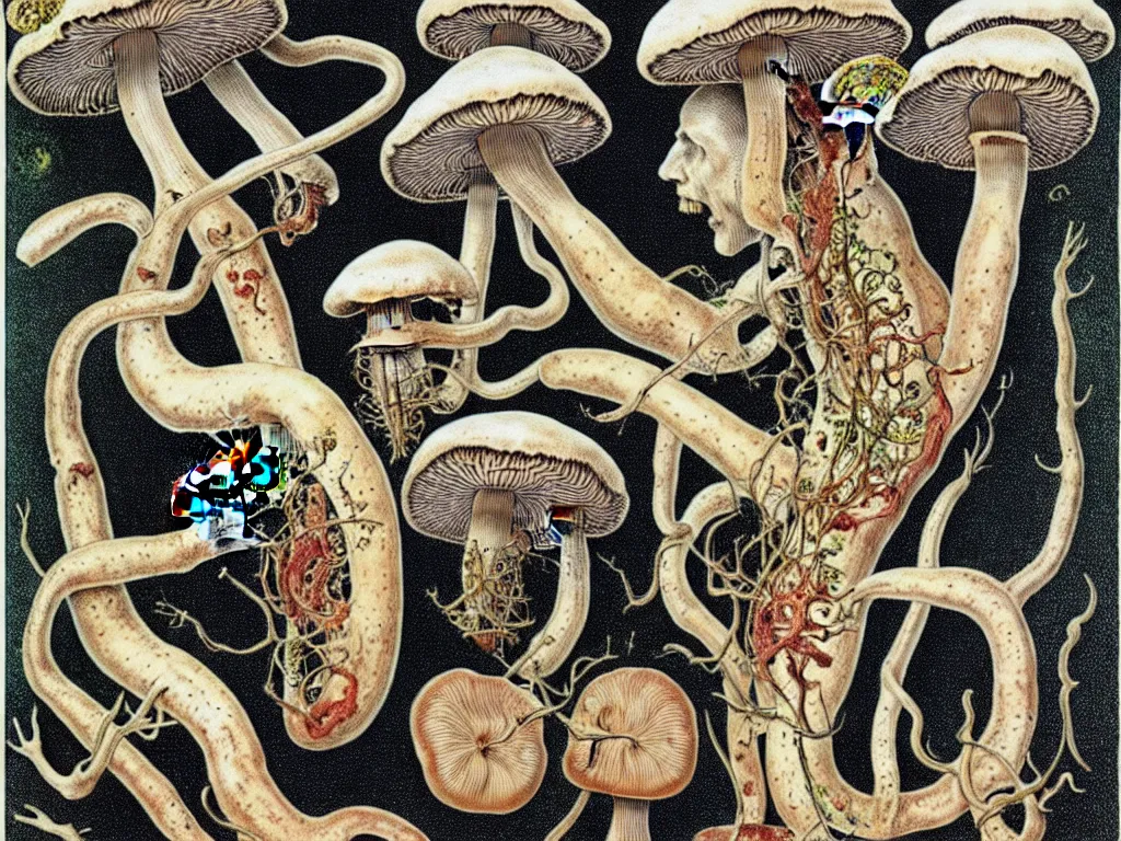 Prompt: human eating yourself with mushrooms, neo surrealism, art by ernst haeckel