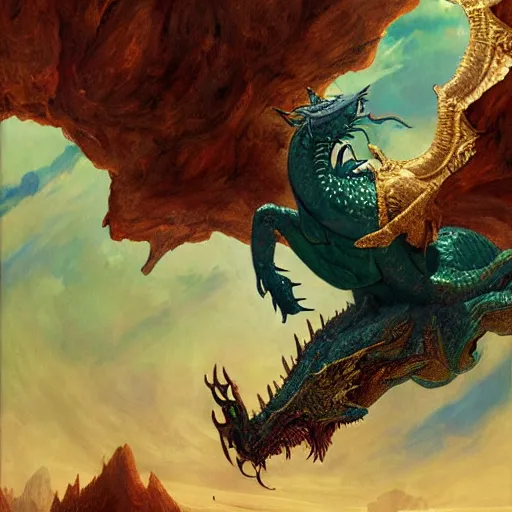 Image similar to Gigantic chrystalline blue scaled gold horned dragon devouring an earth like planet while flying in space, sun system, behemoth, nebula, oil painting, by Fernanda Suarez and Edgar Maxence and Greg Rutkowski