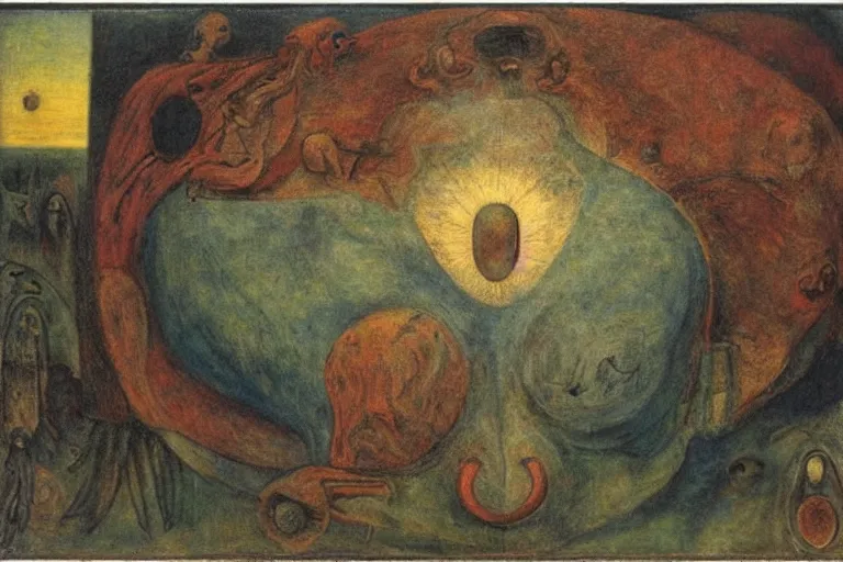 Image similar to the wake of the unseen object,by Leonora Carrington and ford madox brown, symbolist, dramatic lighting, elaborate geometric ornament, cool blue and green colors, Art Brut, smooth, sharp focus, extremely detailed