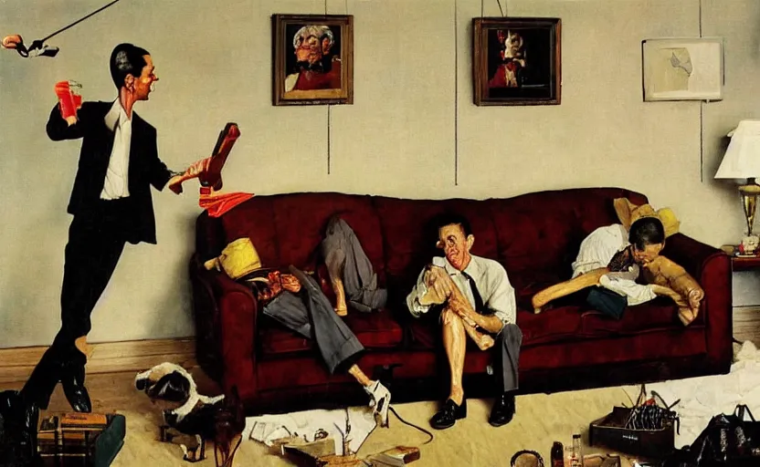 Image similar to a thin man jumps over a telephone beside a sofa in a dark living room, painted by rick berry and norman rockwell, highly detailed