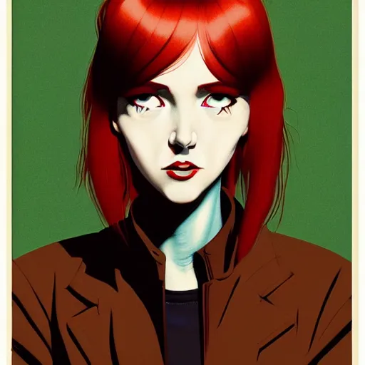 Prompt: portrait of an attractive tomboy woman with long crimson red hair and red eyes wearing a brown open jacket and green jeans with a stern look, album art, boards of canada, retro, by ross draws, by tomine, by satoshi kon, by rolf armstrong, by peter andrew jones, beksinski, 3 d model