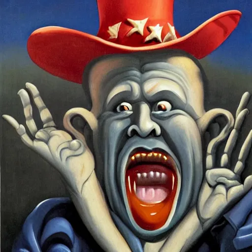 Prompt: surreal grotesque kitsch low-brow propaganda Uncle Sam emerging from deep shadows eating hamburgers, extra onions and ketchup, luscious patty with sesame seeds, figure in the darkness, serving big macs, french fry pattern ambience, holocaust background, Francisco Goya, painted by John Singer Sargant, Adrian Ghenie, style of Francis Bacon, highly detailed, 8k, trending on artstation