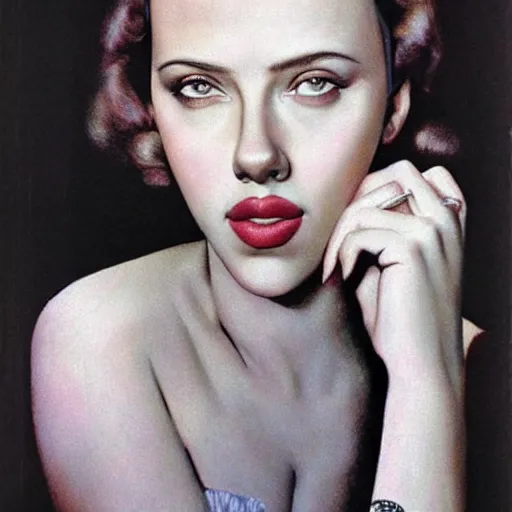 Image similar to “Scarlett Johansson portrait, color vintage magazine illustration 1950”