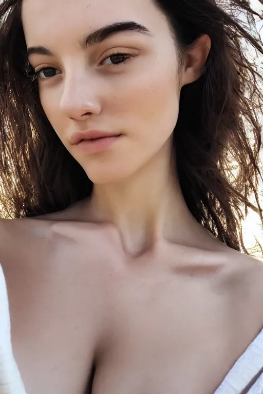 Prompt: 2 4 year old female model, wearing v - neck top, zoomed on clavicle, photo realistic, extreme detail skin, natural beauty, no filter, slr, golden hour, 4 k, high definition, selfie