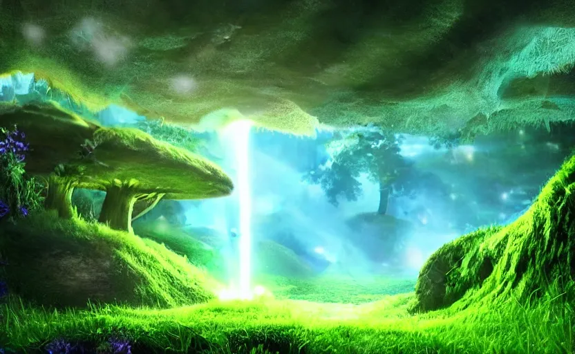 Image similar to a beautiful and stunning professional digital artwork of a glowing mushroom cave, haze, spores floating in the air, waterfall, volumetric lighting, hyperrealistic, green, blue, rtx on, ultra detail