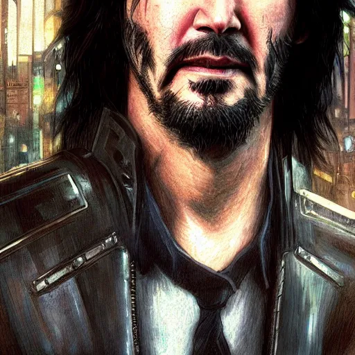 Image similar to closeup of Keanu Reeves in a cyberpunk city, film still, D&D, fantasy, intricate, elegant, highly detailed, digital painting, artstation, concept art, matte, sharp focus, illustration, hearthstone, art by Artgerm and Greg Rutkowski and Alphonse Mucha