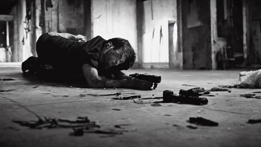 Image similar to film still of a wounded man in a white shirt laying in a warehouse next to a gun on the ground. moody, grainy, 4 k, directed by quentin tarantino,