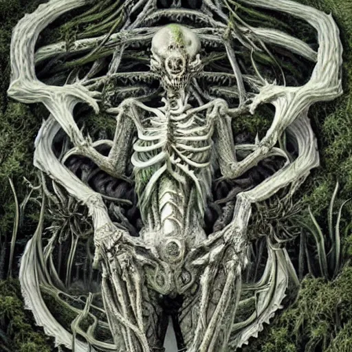 Image similar to white dragon skeleton covered in moss and flowers, intricate details, hyperrealistic, hr giger