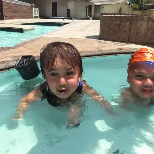 Prompt: family swimming in brown sewage pool filled with trash and human waste