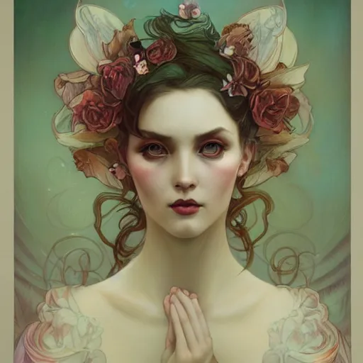 Prompt: a portrait in the style of anna dittmann and tom bagshaw and alphonse mucha.