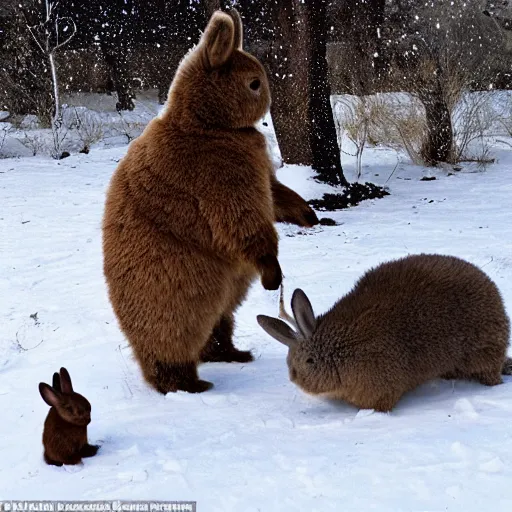 Prompt: Award Winning photo Bear plays with Rabbits in snow in the mexican desert