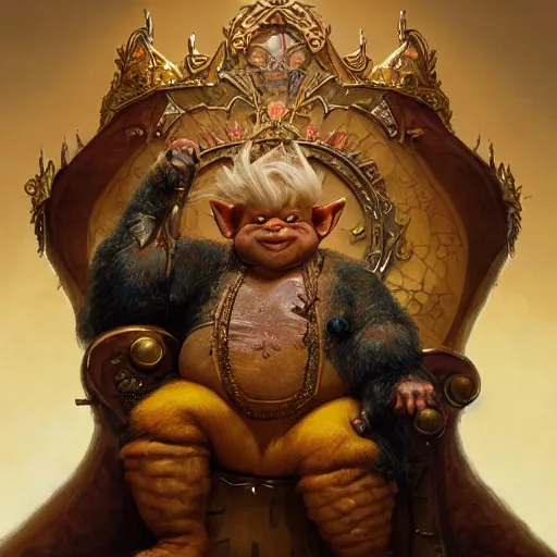 Prompt: a detailed portrait of a fat goblin king sitting on a golden throne, by justin gerard and greg rutkowski, digital art, realistic painting, dnd, character design, 4 k, unreal engine, trending on artstation