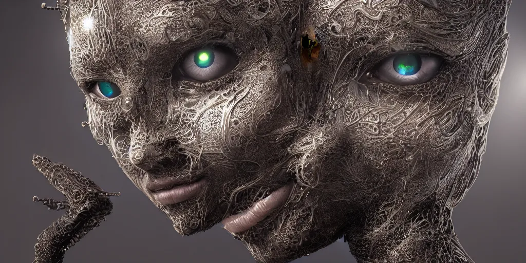 Prompt: ! dream hyperrealistic photography of a female cyborg humanoid, glowing eyes, holding, grasping, highly detailed intricate filigree, in the style of beth cavener, jin kagetsu, wlop,, symmetry, masterpiece, concept art, highkey lighting, ambient lighting, hard key light, octane render, 8 k, artstation