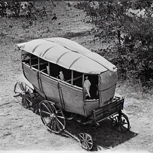 Image similar to a birds - eye view sepia photograph of a delorean made into a covered wagon, traveling in a line with covered wagons and cattle, photorealistic