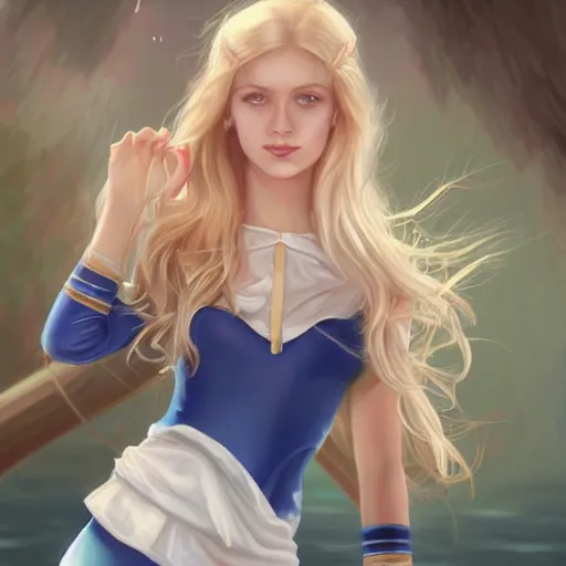 Image similar to epic portrait an beautiful woman wearing sailor outfit short sleeved and standing on a boat, beauty, pretty face, glossy skin, long blonde flowing hair, shiny skin, muscular, digital painting, artstation, concept art, soft light, hdri, smooth, sharp focus, illustration, fantasy, intricate, elegant, highly detailed, D&D, matte painting, in the style of Greg Rutkowski and Alphonse Mucha and artemisia, 8k, highly detailed, jurgens, rutkowski, bouguereau, pastoral, rustic, georgic, detailed concept art, illustration, colorful pastel, painting, detail, ultra detailed, digital art, 4K,