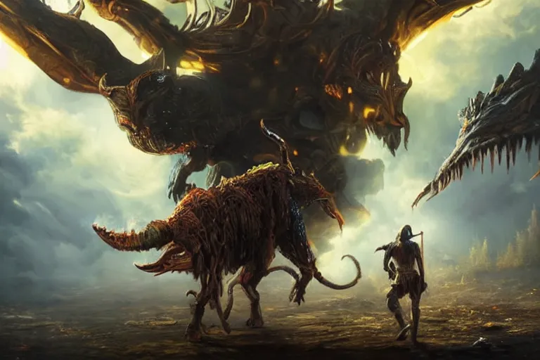 Prompt: ultra realist soft painting of desperate warriors facing a single innomable gigantic creature, very intricate details, deep fog, golden ratio, volumetric rainbow lighting, reflections, refractions, symmetry accurate anatomy features, omnious background, unreal render