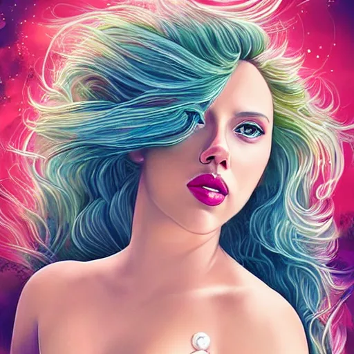 Image similar to “Scarlett Johansson portrait, fantasy, mermaid, cartoon, pearls, glowing hair, shells, gills, crown, water, highlights, starfish, goddess jewelry, realistic, digital art, pastel ”