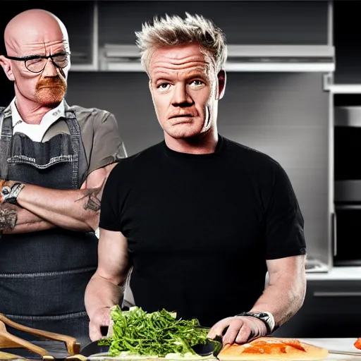 Prompt: Gordon Ramsey cooking with Walter White, realistic, ultra high detail, 8k.