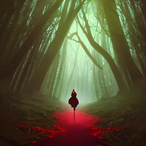 Prompt: a woman [ enchanting a forest with red magic ]!, stands in the middle of a pathway in a timid forest, trending on cgsociety, digital art, illustrated by max hay and anton fadeev, bioluminescent atmosphere, back view, intricate