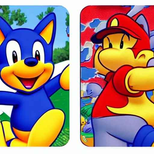 Image similar to photograph of winnie the pooh and super mario and sonic the hedgehog anime style, on pokemon card packs at target