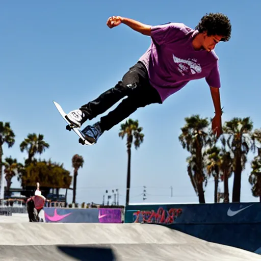 Image similar to skater wearing nike sb dunks doing a kickflip at the venice beach skatepark