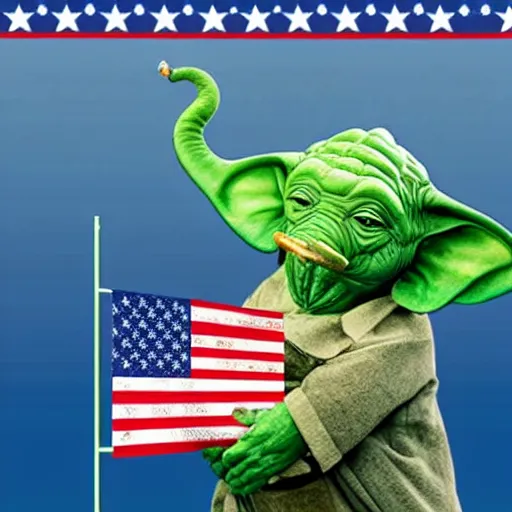 Image similar to elephant yoda as potus american flag in 3 d, art designers magazine photo unreal 8 k resolution