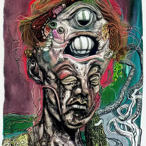 Image similar to graphic illustration, creative design, medusa, biopunk, by ralph steadman, francis bacon, hunter s thompson, highly detailed, mixed media