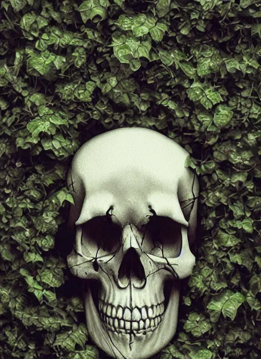 Image similar to skull, ivy, death, intricate detail by beeple