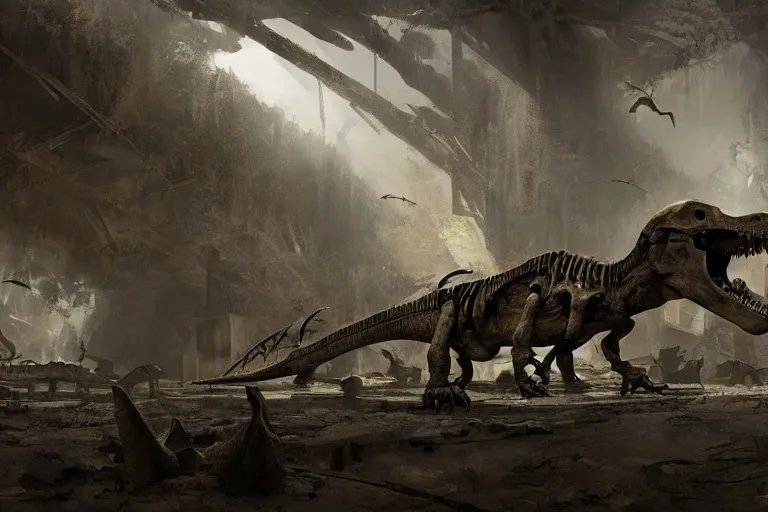 Prompt: abandoned dinosaur museum, gigantic dinosaur skeletons, cinematic, craig mullins, 8 k