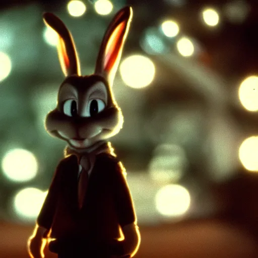 Prompt: still image of bugs bunny in the dark knight, cinematic, anamorphic, 8 0 mm f / 2. 8 l, 3 5 mm film, movie