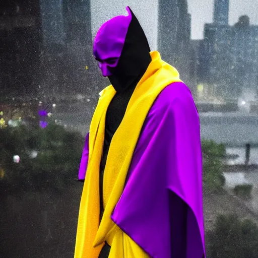 Image similar to a blur of purple, yellow, and black. figure in a cape, and cowl - flew in a split second under the rainy yet gloomy skies of gotham city