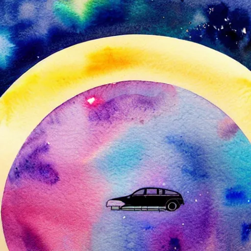 Image similar to high - angle view, close - up portrait, vague uap interstellar vehicle on top of an ephemeral rainbow in the sky, muted watercolor. minimalist, detailed, heavy under paint, muted colors. ue 5