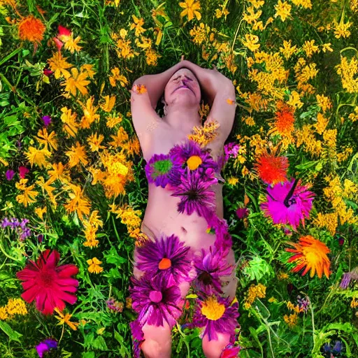 Image similar to realistic photo human body made of colorful wild flowers