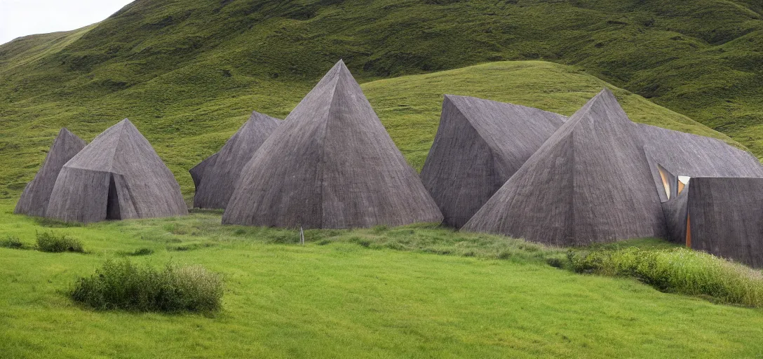 Image similar to scottish blackhouse designed by zaha hadid. outdoor landscaping designed by roberto burle marx. fujinon premista 1 9 - 4 5 mm t 2. 9. portra 8 0 0.