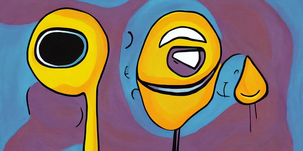 Image similar to surreal painting illustration of a humanized spoon with eyes and a smile