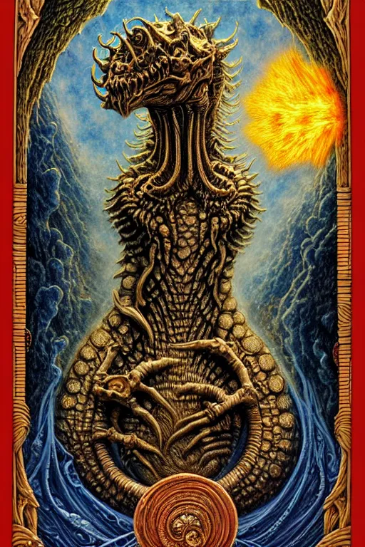 Prompt: A beautiful detailed grotesque godness monster super cute tarot card, by tomasz alen kopera and Justin Gerard, symmetrical features, ominous, magical realism, texture, intricate, ornate, royally decorated, mechanic, skeleton, whirling smoke, embers, red adornements, blue torn fabric, radiant colors, fantasy, trending on artstation, volumetric lighting, micro details, 3d sculpture, ray tracing, 8k, anaglyph effect, digital art