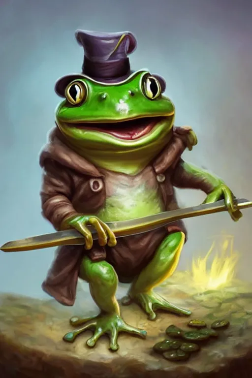 Image similar to cute anthropomorphic frog wearing butcher clothes with a hat and holding a cleaver knife ,tiny, small, miniature frog, baby animal, short, pale blue armor, cute and adorable, pretty, beautiful, DnD character art portrait, matte fantasy painting, cgsociety Artstation, by Jason Felix by Steve Argyle by Tyler Jacobson by Peter Mohrbacher, cinematic lighting