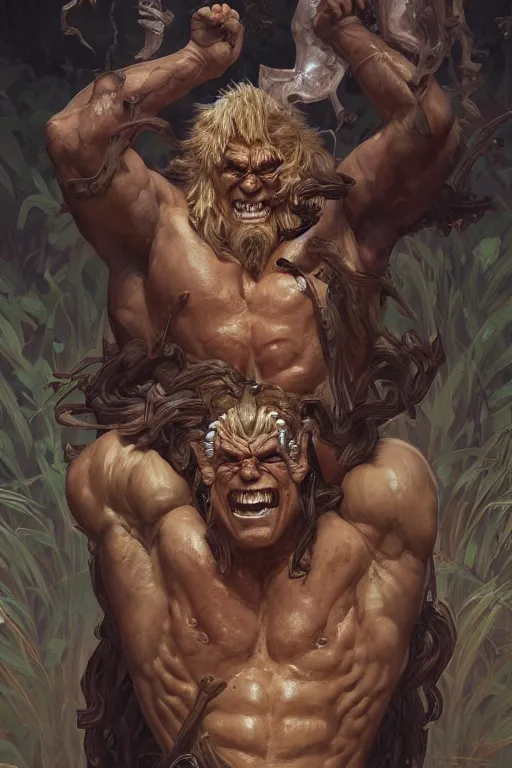 Image similar to portrait of boris jhonson as a hulking herculean demon, forest, godlike, full body, fantasy, intricate, elegant, highly detailed, digital painting, artstation, concept art, sharp focus, illustration, art by artgerm and greg rutkowski and alphonse mucha