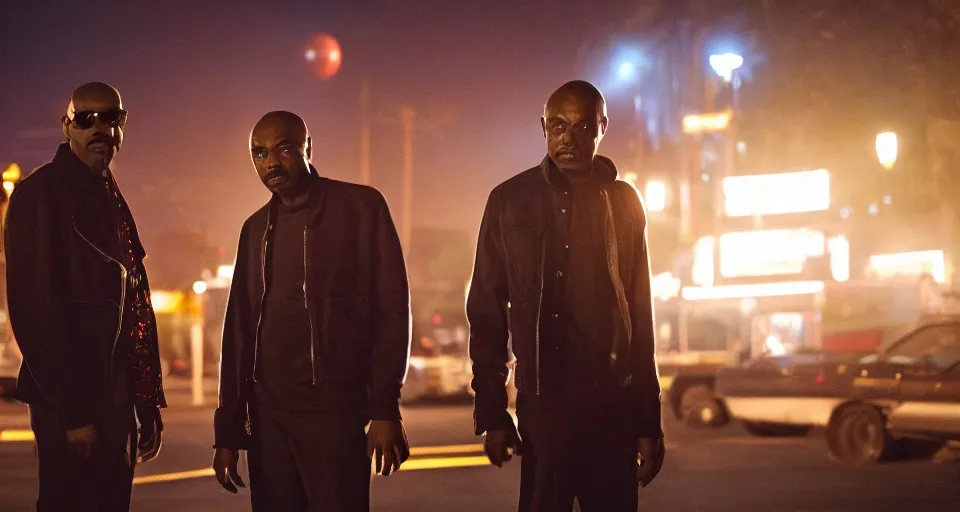 Image similar to first image afrofuturistic heist movie starring eddie murphy and dave chappelle, sundance official selection. shot on the las vegas strip with alexa mini, stunning cinematography, golden hour, filmgrain.