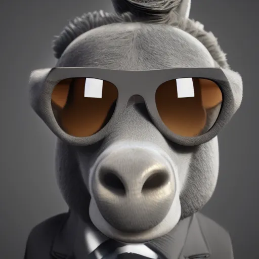 Prompt: 3D render of a donkey character in a suit and wearing cool sunglasses, gray background, amazing detail, artstation, octane render