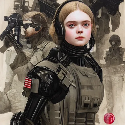 Prompt: a vintage portrait painting of elle fanning wearing swat gear in metal gear solid and death stranding, highly detailed, art by tristan eaton and artgerm and william - adolphe bouguereau