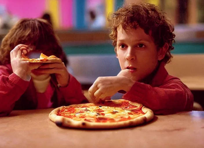 Image similar to portrait of charlie kaufman eating pizza at chuck - e - cheese with sloppy cheesy sauce getting slopped up all over the place, dramatic lighting, moody film still from being john malkovich ( 2 0 0 1 ), 3 5 mm kodak color stock, 2 4 mm lens, directed by spike jonze, ecktochrome