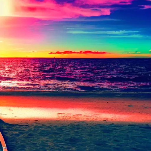 Image similar to a boat chilling on the beach, sunset, vaporwave