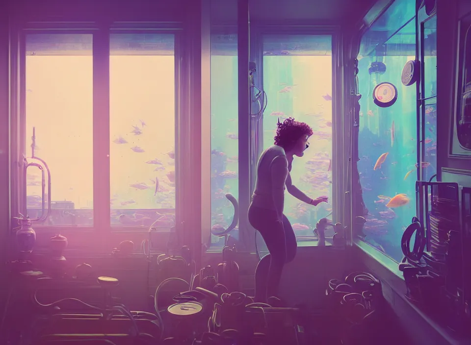 Prompt: telephoto 7 0 mm f / 2. 8 iso 2 0 0 photograph depicting the feeling of power in a cosy cluttered french sci - fi ( art nouveau ) pale cyberpunk apartment in a pastel dreamstate art cinema style. ( aquarium, weight lifting, window ( city ), led indicator, lamp ( ( ( gym ) ) ) ), ambient light.