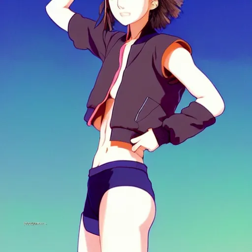 Image similar to a beautiful! boyish! natalie portman alluring gravure! model, wearing oversized aztec bomber jacket and leotard, poofy bomber jacket with mayan patterns, gapmoe yandere grimdark, trending on pixiv fanbox, painted by greg rutkowski makoto shinkai takashi takeuchi studio ghibli, akihiko yoshida