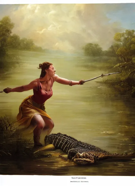Prompt: a woman fighting against a crocodile in a swamp , soft lighting