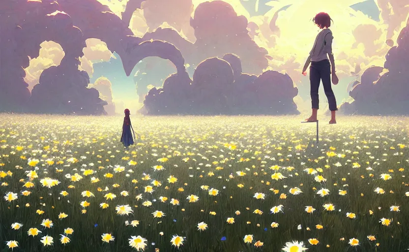 Image similar to portal to another world in a field of daisies, painting by unreal engine, greg rutkowski, loish, rhads, beeple, makoto shinkai and lois van baarle, ilya kuvshinov, rossdraws, tom bagshaw, alphonse mucha, global illumination, detailed and intricate environment