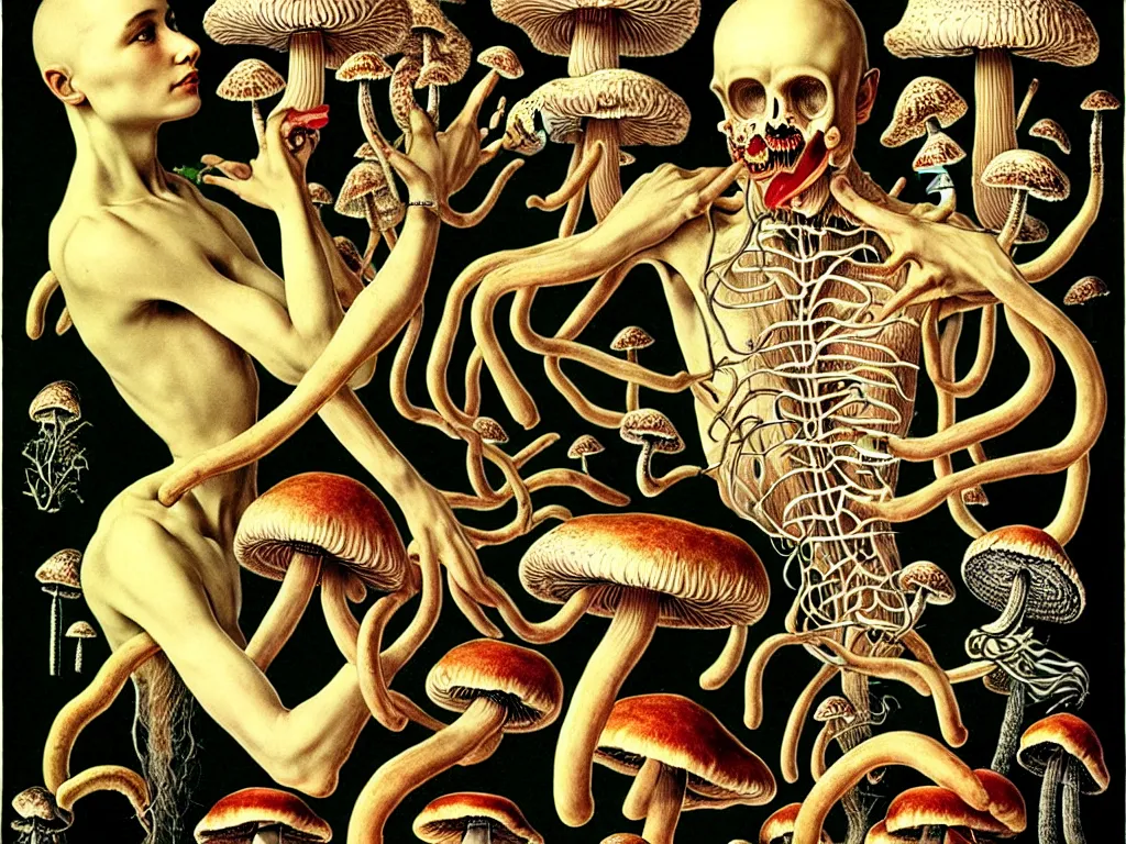 Image similar to human eating yourself with mushrooms, neo surrealism, erns haeckel