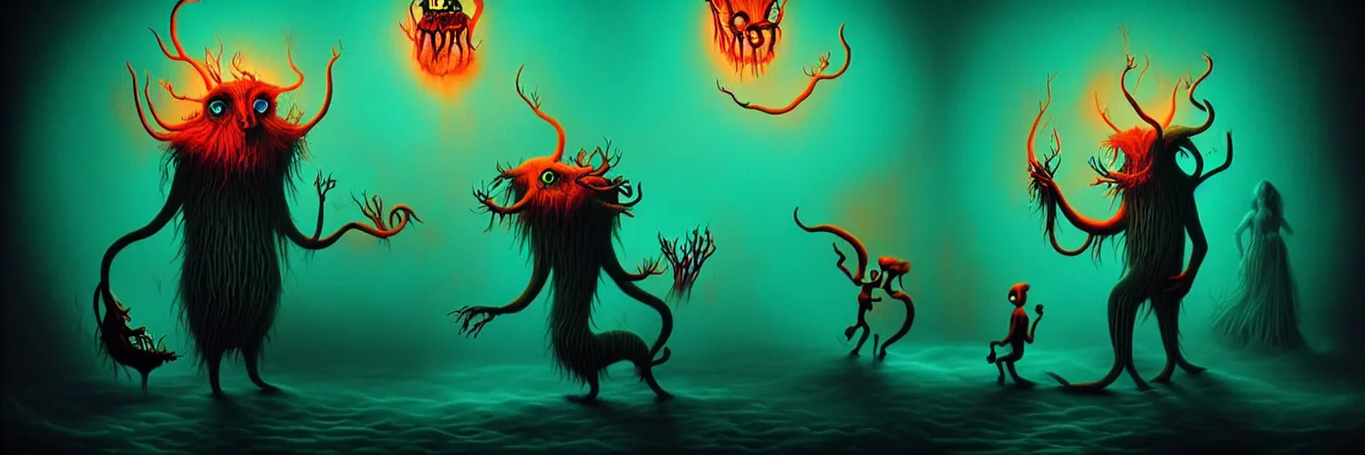 Image similar to whimsical creature freaks from the depths of the imagination, dramatic lighting from fire glow, surreal dark uncanny painting by ronny khalil