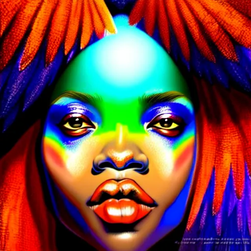 Prompt: centered chiaroscuro girlboss portrait of african goddess of nature, symmetrical face, iridescent feathers 3 d subsurface scattering, character concept art in hues of blue - green and red - orange, by artgerm